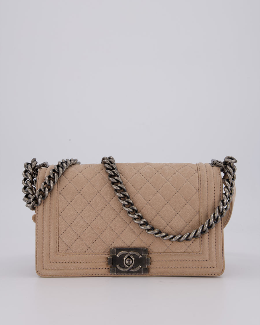 Chanel Medium Boy Bag in Beige Nubuck Leather with Gunmetal Hardware