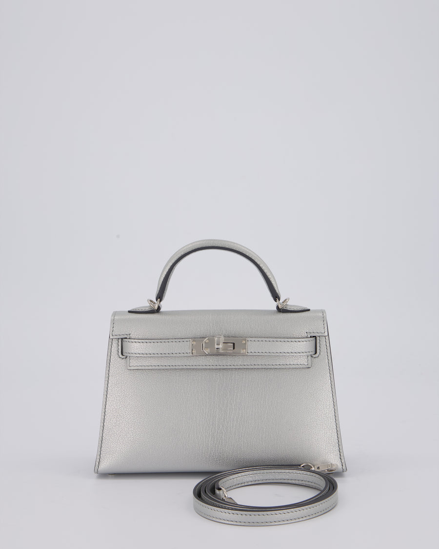 *SUPER RARE & HOT* Hermès Mini Kelly II 20 Bag in Metallic Argent Chèvre Chamkila Leather with Palladium Hardware