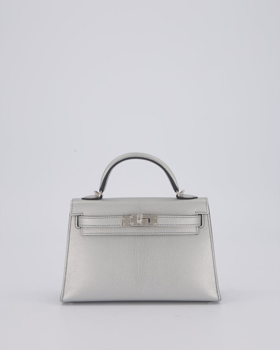 *SUPER RARE & HOT* Hermès Mini Kelly II 20 Bag in Metallic Argent Chèvre Chamkila Leather with Palladium Hardware