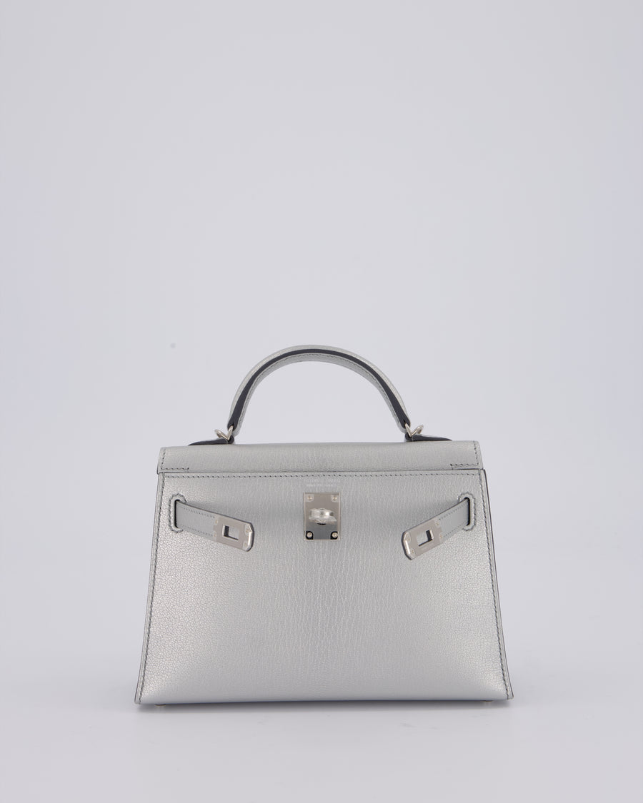 *SUPER RARE & HOT* Hermès Mini Kelly II 20 Bag in Metallic Argent Chèvre Chamkila Leather with Palladium Hardware