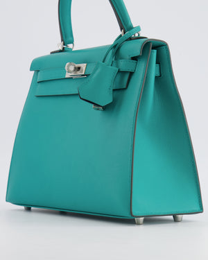 Hermès Kelly II 25 Sellier Verso Bag in Vert Verone Veau Madame Leather with Palladium Hardware and Bleu Navy Interior