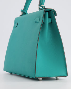 Hermès Kelly II 25 Sellier Verso Bag in Vert Verone Veau Madame Leather with Palladium Hardware and Bleu Navy Interior