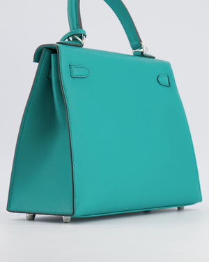 Hermès Kelly II 25 Sellier Verso Bag in Vert Verone Veau Madame Leather with Palladium Hardware and Bleu Navy Interior