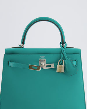 Hermès Kelly II 25 Sellier Verso Bag in Vert Verone Veau Madame Leather with Palladium Hardware and Bleu Navy Interior