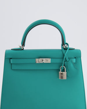 Hermès Kelly II 25 Sellier Verso Bag in Vert Verone Veau Madame Leather with Palladium Hardware and Bleu Navy Interior
