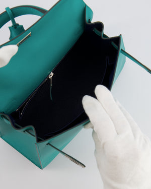 Hermès Kelly II 25 Sellier Verso Bag in Vert Verone Veau Madame Leather with Palladium Hardware and Bleu Navy Interior