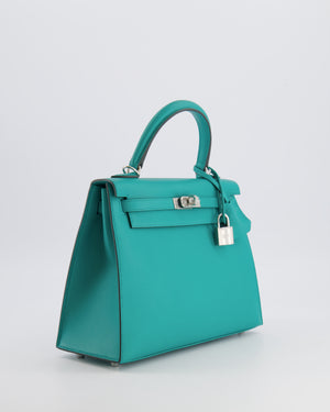 Hermès Kelly II 25 Sellier Verso Bag in Vert Verone Veau Madame Leather with Palladium Hardware and Bleu Navy Interior