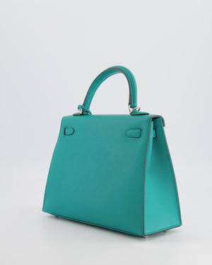 Hermès Kelly II 25 Sellier Verso Bag in Vert Verone Veau Madame Leather with Palladium Hardware and Bleu Navy Interior