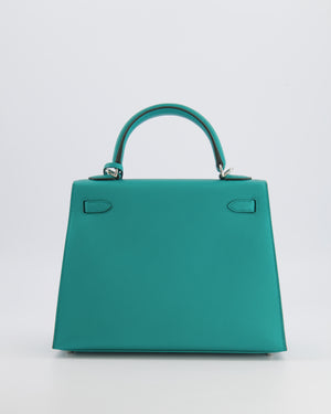 Hermès Kelly II 25 Sellier Verso Bag in Vert Verone Veau Madame Leather with Palladium Hardware and Bleu Navy Interior