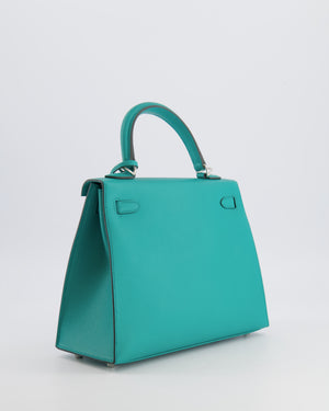 Hermès Kelly II 25 Sellier Verso Bag in Vert Verone Veau Madame Leather with Palladium Hardware and Bleu Navy Interior