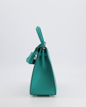 Hermès Kelly II 25 Sellier Verso Bag in Vert Verone Veau Madame Leather with Palladium Hardware and Bleu Navy Interior