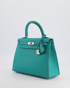 Hermès Kelly II 25 Sellier Verso Bag in Vert Verone Veau Madame Leather with Palladium Hardware and Bleu Navy Interior