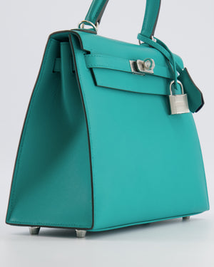 Hermès Kelly II 25 Sellier Verso Bag in Vert Verone Veau Madame Leather with Palladium Hardware and Bleu Navy Interior