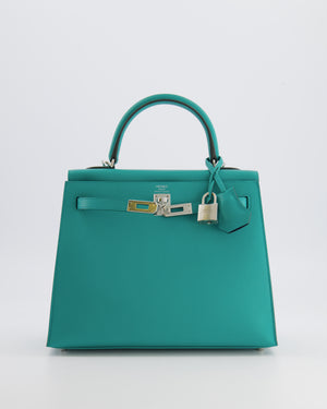 Hermès Kelly II 25 Sellier Verso Bag in Vert Verone Veau Madame Leather with Palladium Hardware and Bleu Navy Interior