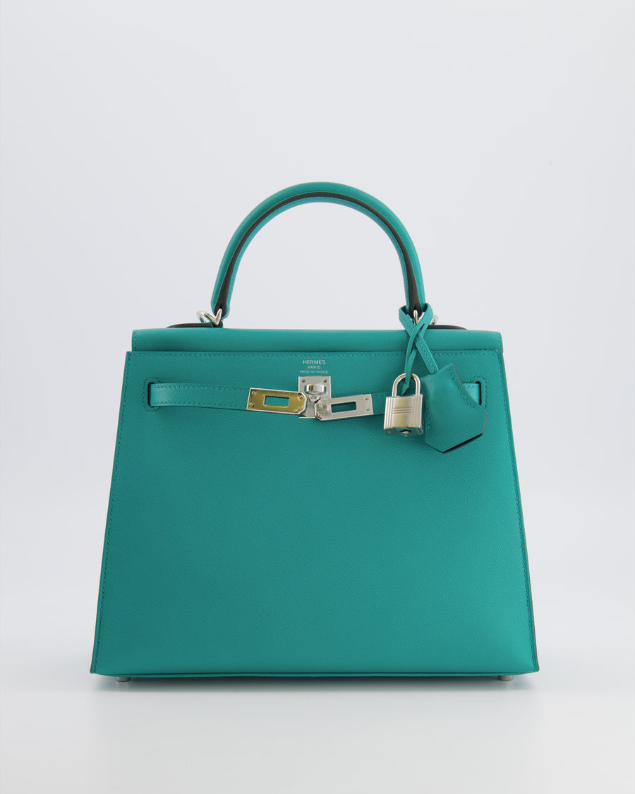 Hermès Kelly II 25 Sellier Verso Bag in Vert Verone Veau Madame Leather with Palladium Hardware and Bleu Navy Interior