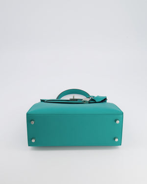 Hermès Kelly II 25 Sellier Verso Bag in Vert Verone Veau Madame Leather with Palladium Hardware and Bleu Navy Interior