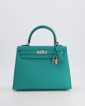 Hermès Kelly II 25 Sellier Verso Bag in Vert Verone Veau Madame Leather with Palladium Hardware and Bleu Navy Interior