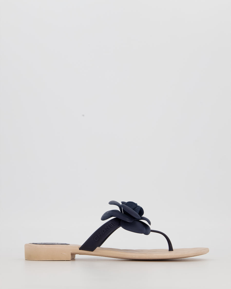 Chanel Beige and Blue Camellia Flip Flops Size EU 37