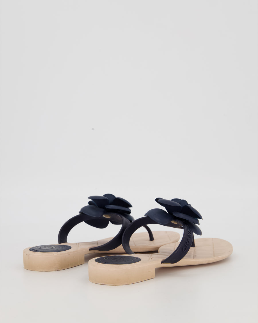 Chanel Beige and Blue Camellia Flip Flops Size EU 37