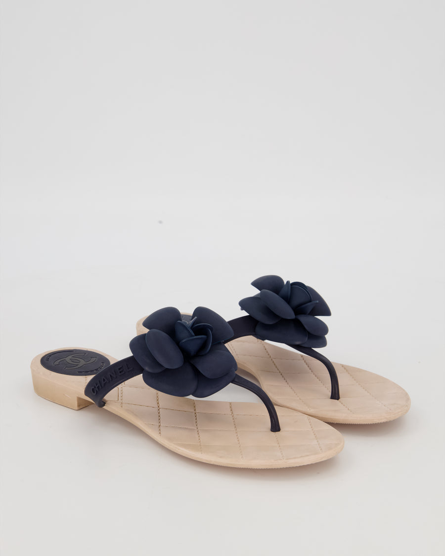 Chanel Beige and Blue Camellia Flip Flops Size EU 37