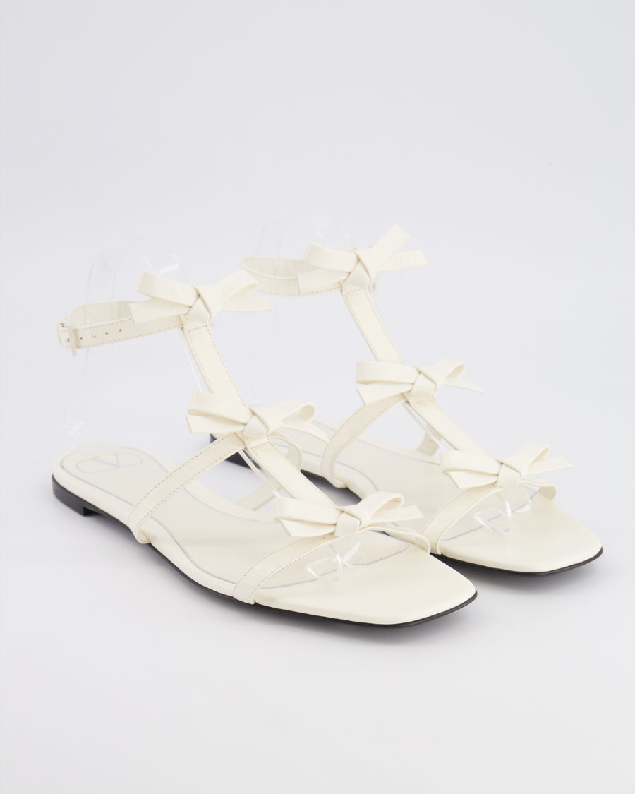 Valentino White Leather T-Strap Sandals with Bow Details Size EU 39.5