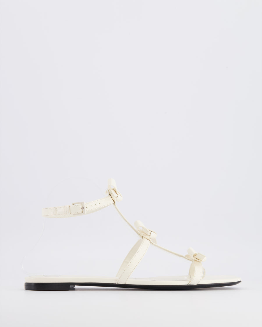 Valentino White Leather T-Strap Sandals with Bow Details Size EU 39.5