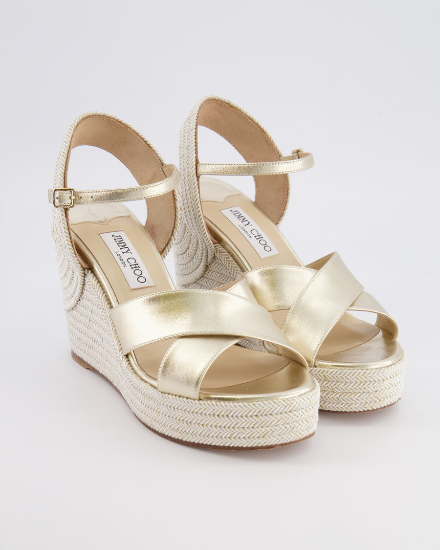 Jimmy Choo Silver Gold Leather Dellena 100 Wedge Heeled Espadrilles Size EU 39.5 RRP £650
