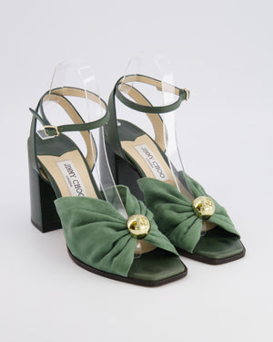 Jimmy Choo Green Suede Jasie 85 Heeled Sandals with Gold Logo Detail Size EU 40