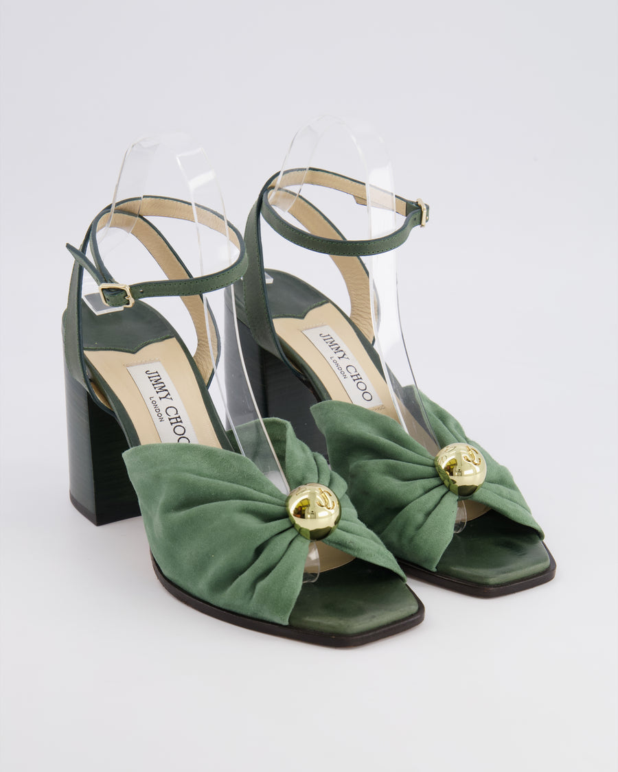 Jimmy Choo Green Suede Jasie 85 Heeled Sandals with Gold Logo Detail Size EU 40