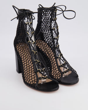 Gianvito Rossi Black Mesh Lace-Up Heeled Ankle Boots with Gold Details Size EU 40
