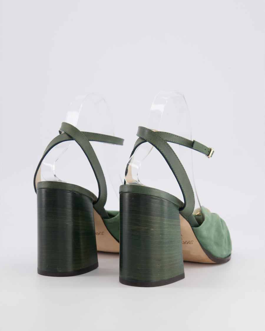 Jimmy Choo Green Suede Jasie 85 Heeled Sandals with Gold Logo Detail Size EU 40