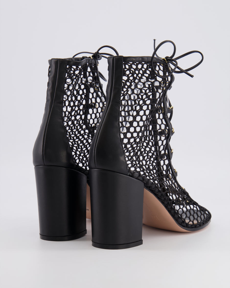 Gianvito Rossi Black Mesh Lace-Up Heeled Ankle Boots with Gold Details Size EU 40