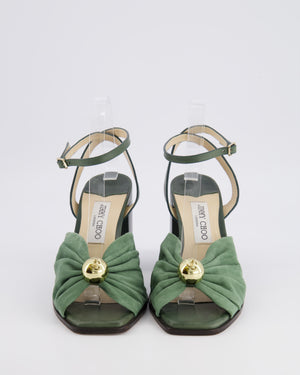 Jimmy Choo Green Suede Jasie 85 Heeled Sandals with Gold Logo Detail Size EU 40