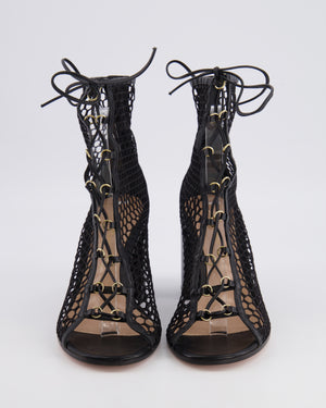 Gianvito Rossi Black Mesh Lace-Up Heeled Ankle Boots with Gold Details Size EU 40