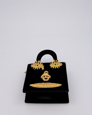 Schiaparelli Mini Face Velvet Jewellery Top Handle Bag in Black with Crystal Embellishments and Surrealist Face Details with Gold Hardware&nbsp;