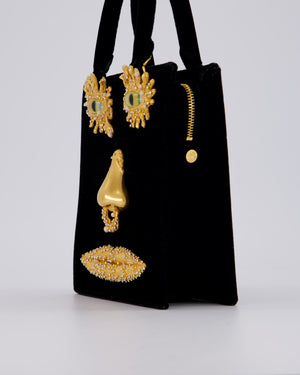 Schiaparelli Mini Face Velvet Jewellery Top Handle Bag in Black with Crystal Embellishments and Surrealist Face Details with Gold Hardware&nbsp;
