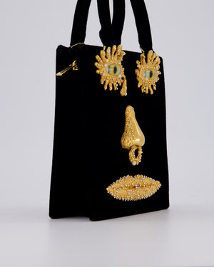 Schiaparelli Mini Face Velvet Jewellery Top Handle Bag in Black with Crystal Embellishments and Surrealist Face Details with Gold Hardware&nbsp;