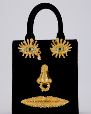 Schiaparelli Mini Face Velvet Jewellery Top Handle Bag in Black with Crystal Embellishments and Surrealist Face Details with Gold Hardware&nbsp;