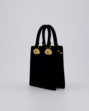 Schiaparelli Mini Face Velvet Jewellery Top Handle Bag in Black with Crystal Embellishments and Surrealist Face Details with Gold Hardware&nbsp;