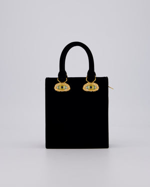 Schiaparelli Mini Face Velvet Jewellery Top Handle Bag in Black with Crystal Embellishments and Surrealist Face Details with Gold Hardware&nbsp;