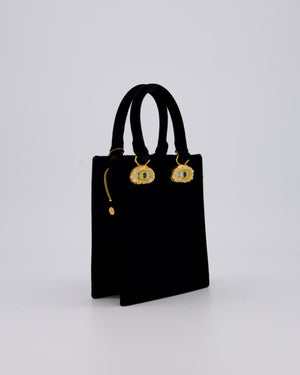 Schiaparelli Mini Face Velvet Jewellery Top Handle Bag in Black with Crystal Embellishments and Surrealist Face Details with Gold Hardware&nbsp;