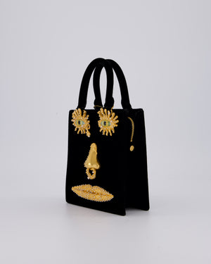 Schiaparelli Mini Face Velvet Jewellery Top Handle Bag in Black with Crystal Embellishments and Surrealist Face Details with Gold Hardware&nbsp;