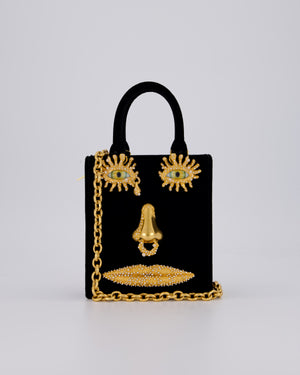Schiaparelli Mini Face Velvet Jewellery Top Handle Bag in Black with Crystal Embellishments and Surrealist Face Details with Gold Hardware&nbsp;