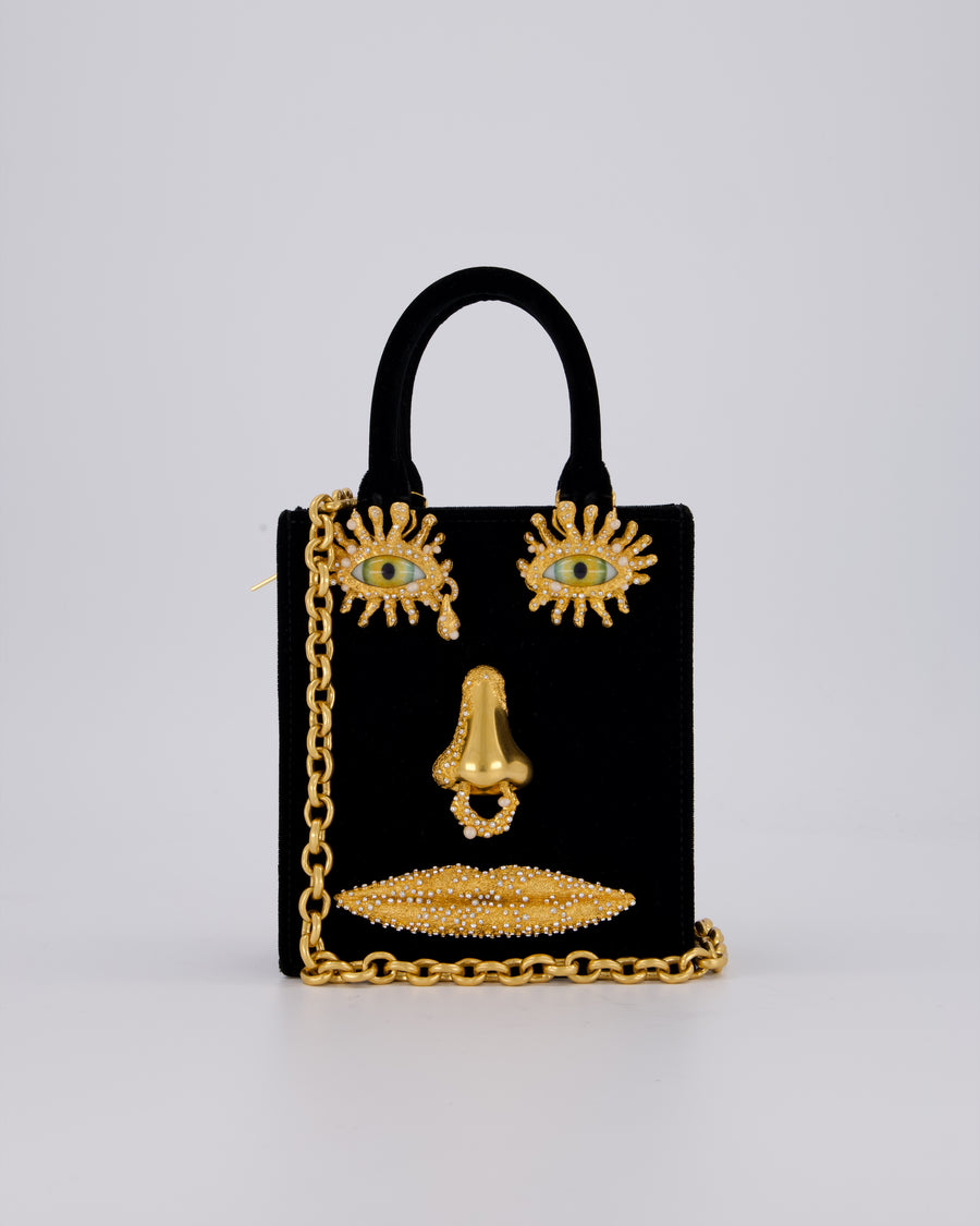 Schiaparelli Mini Face Velvet Jewellery Top Handle Bag in Black with Crystal Embellishments and Surrealist Face Details with Gold Hardware&nbsp;