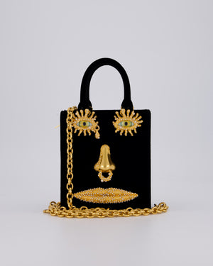 Schiaparelli Mini Face Velvet Jewellery Top Handle Bag in Black with Crystal Embellishments and Surrealist Face Details with Gold Hardware&nbsp;