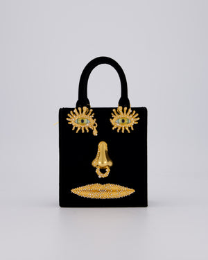 Schiaparelli Mini Face Velvet Jewellery Top Handle Bag in Black with Crystal Embellishments and Surrealist Face Details with Gold Hardware&nbsp;