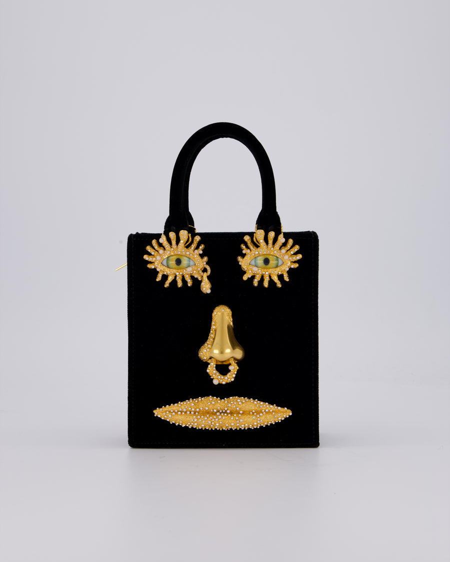 Schiaparelli Mini Face Velvet Jewellery Top Handle Bag in Black with Crystal Embellishments and Surrealist Face Details with Gold Hardware&nbsp;