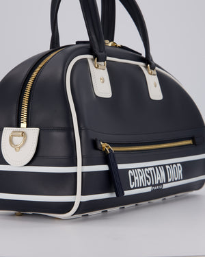 Christian Dior Vibe Bowling Bag in Navy Blue Calfskin Leather with Gold Hardware