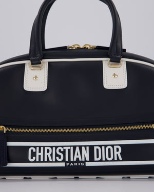 Christian Dior Vibe Bowling Bag in Navy Blue Calfskin Leather with Gold Hardware