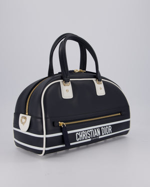 Christian Dior Vibe Bowling Bag in Navy Blue Calfskin Leather with Gold Hardware